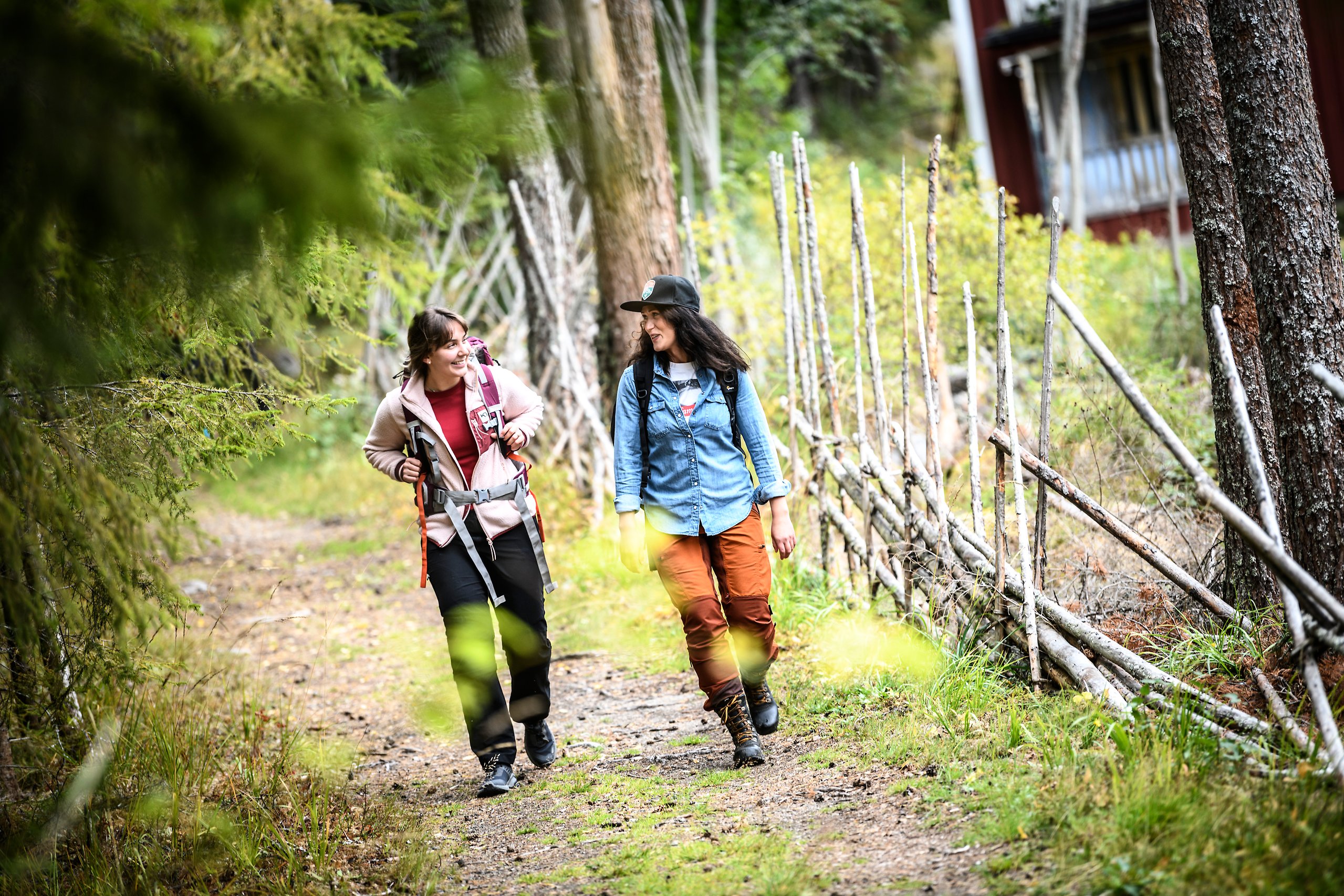 Två kvinnor promenerar i skogen