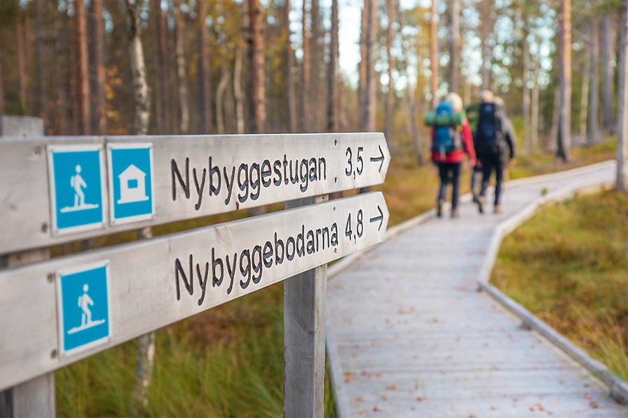 Två personer vandrar på trädäck i naturreservat
