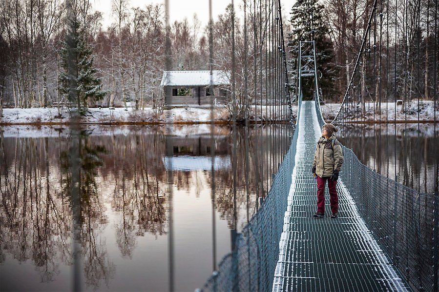 Person står på en hängbro och tittar ut mot vattnet. 